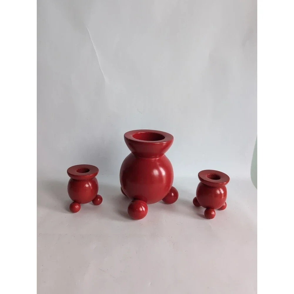 Vtg Scandinavian Red Candlestick Taper Candle Holders Sweden Nordic Set of 3